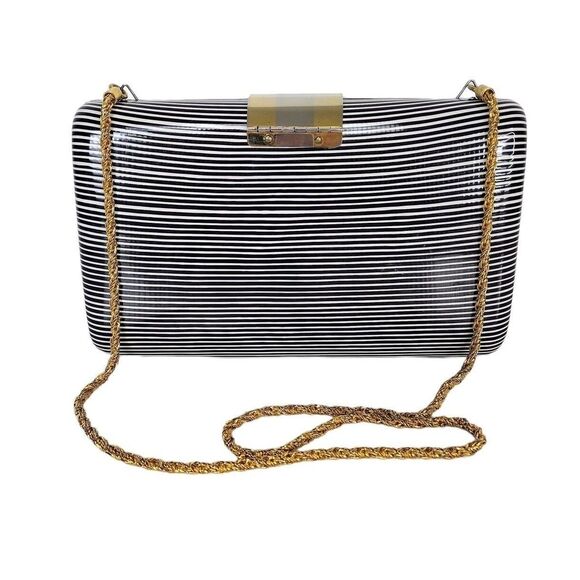 Vintage Saks Fifth Avenue Striped Clam Shell Chain Strap Bag Clutch Purse Italy - Picture 4 of 10